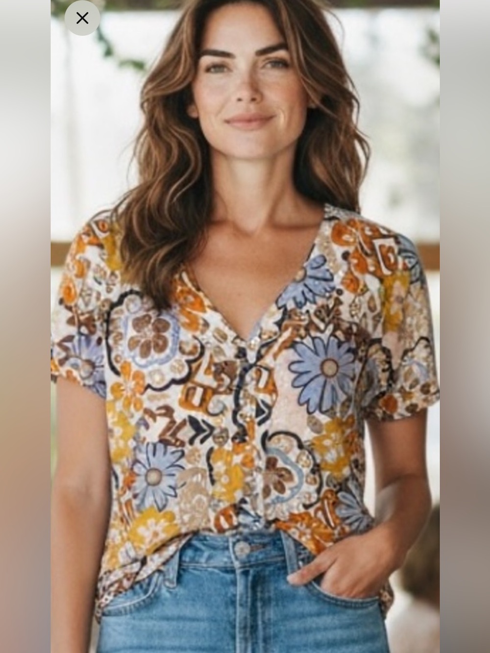 Nicole miller boho floral short sleeved  button down linen shirt small